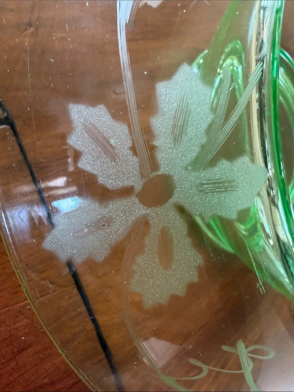 Uranium Etched Glass Console Bowl Vtg
